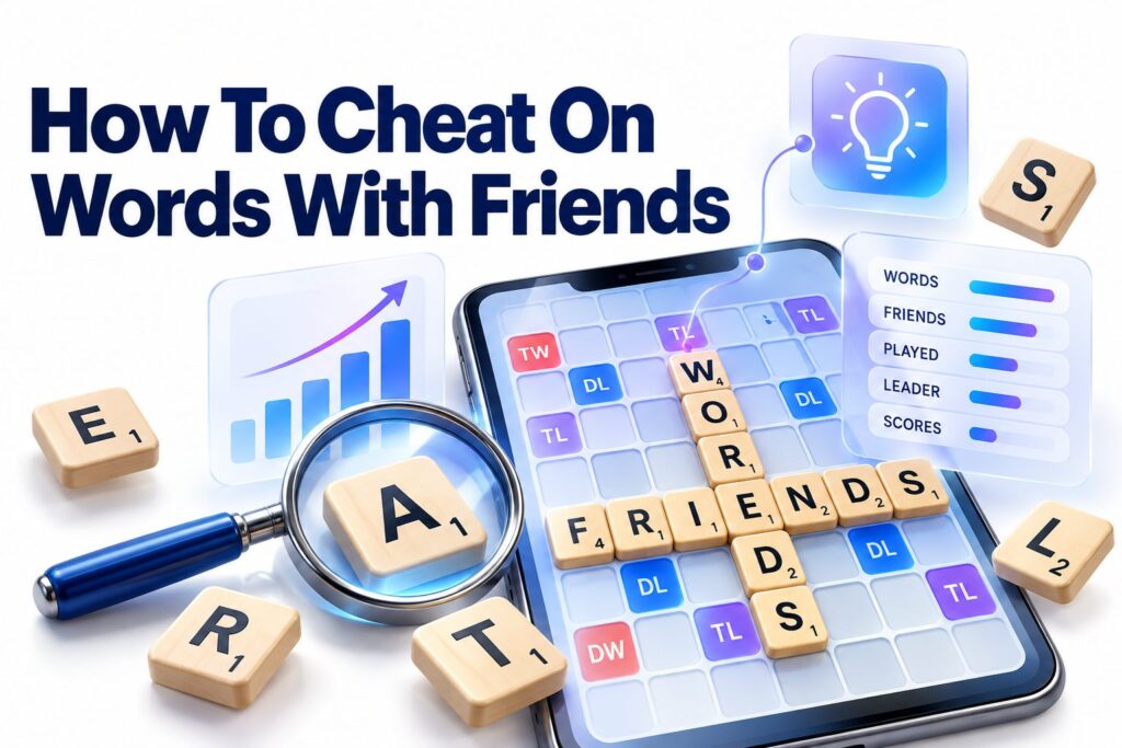 Words With Friends board with letter tiles, smartphone, and dictionary