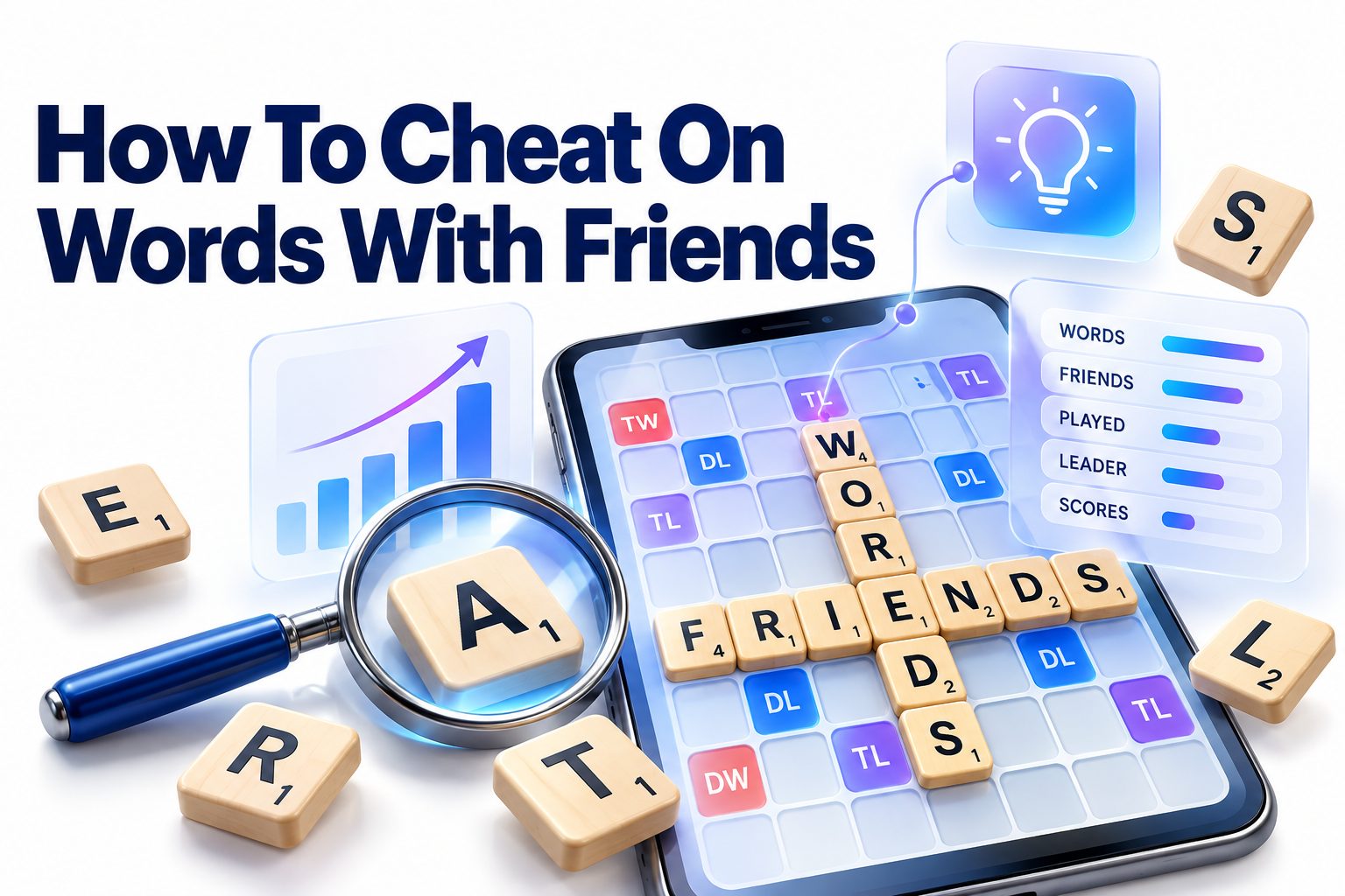Words With Friends board with letter tiles, smartphone, and dictionary
